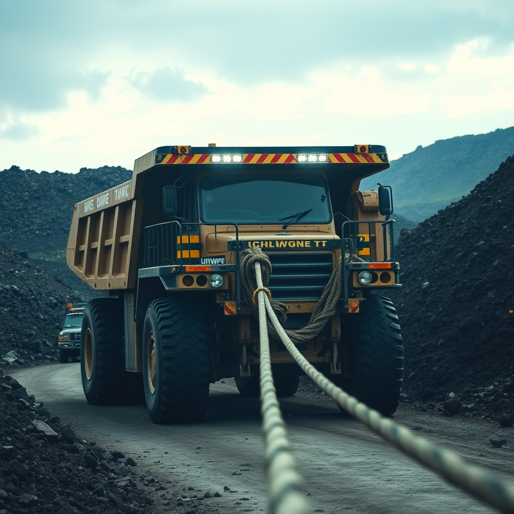 A large dump truck is being towed in a quarry by a thick rope.