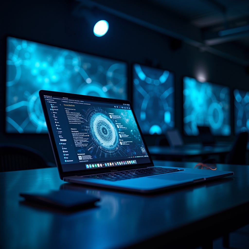 A modern laptop is positioned prominently in a dimly lit room, showcasing advanced digital interfaces. The screen displays intricate data visualizations and aesthetic designs. Surrounding the laptop, projections create a dynamic, futuristic atmosphere. The room is designed to evoke a sense of innovation and digital exploration. Subtle blue light enhances the ambiance, contributing to the tech-savvy vibe.