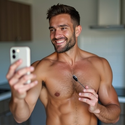 Caucasian white man with an athletic body takes a selfie. He holds a spoon up while smiling. Background shows a kitchen setting. He is using a smartphone for the selfie. Natural light illuminates the scene.