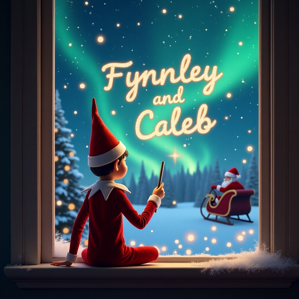 An elf sits on a window ledge with his back to the viewer. He faces a magical Christmas scene with twinkling stars and colorful northern lights. Santa Claus is in his sleigh in the background. The elf wears a red outfit and pointed hat, using a wand to write 'Fynnley and Caleb' in shimmering letters.