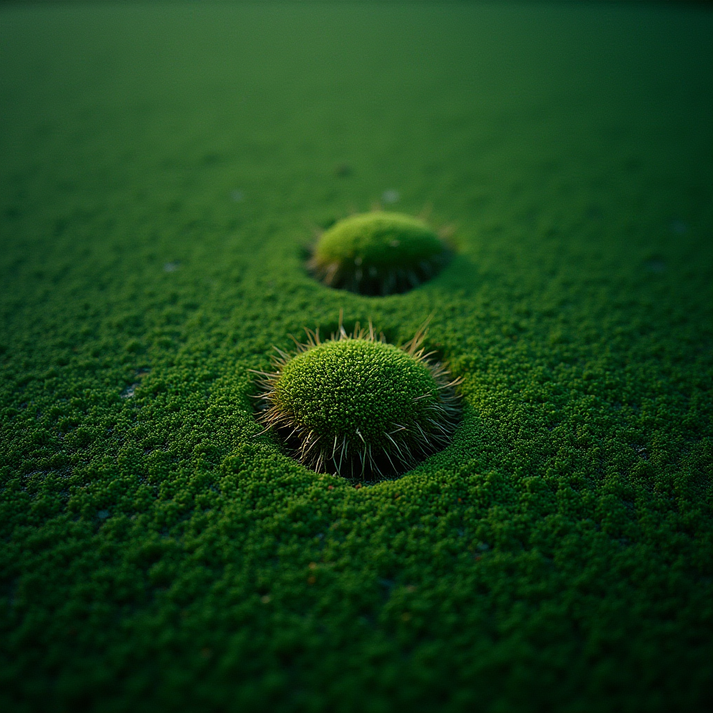 Two rounded, spiky green mounds emerge from a smooth, moss-covered surface.