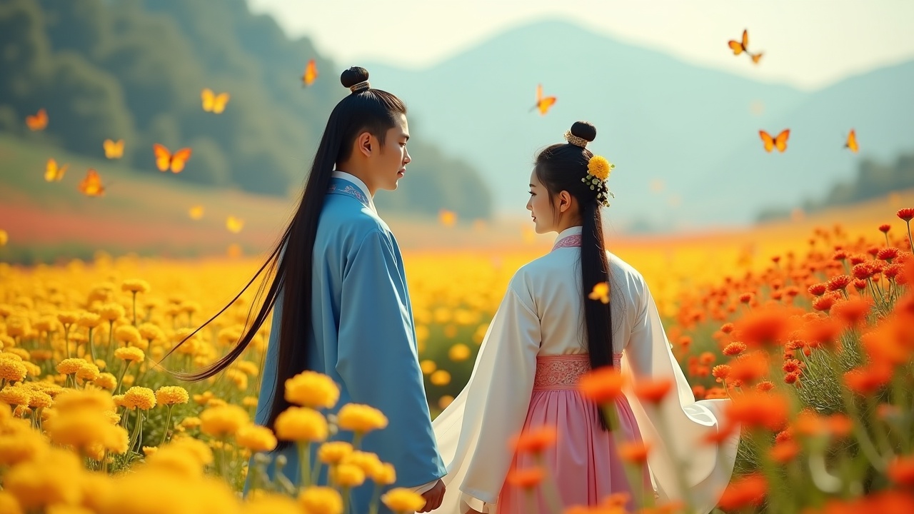 The image depicts a romantic scene between a couple dressed in traditional East Asian attire, surrounded by vibrant fields of flowers. The man wears a blue robe while the woman is in a beautiful pastel-colored dress. Butterflies flutter around them, enhancing the enchanting atmosphere. The couple holds hands and looks at each other, embodying a sense of love and connection. Soft, warm lighting illuminates the scene, highlighting the colorful blossoms and the serene landscape in the background.