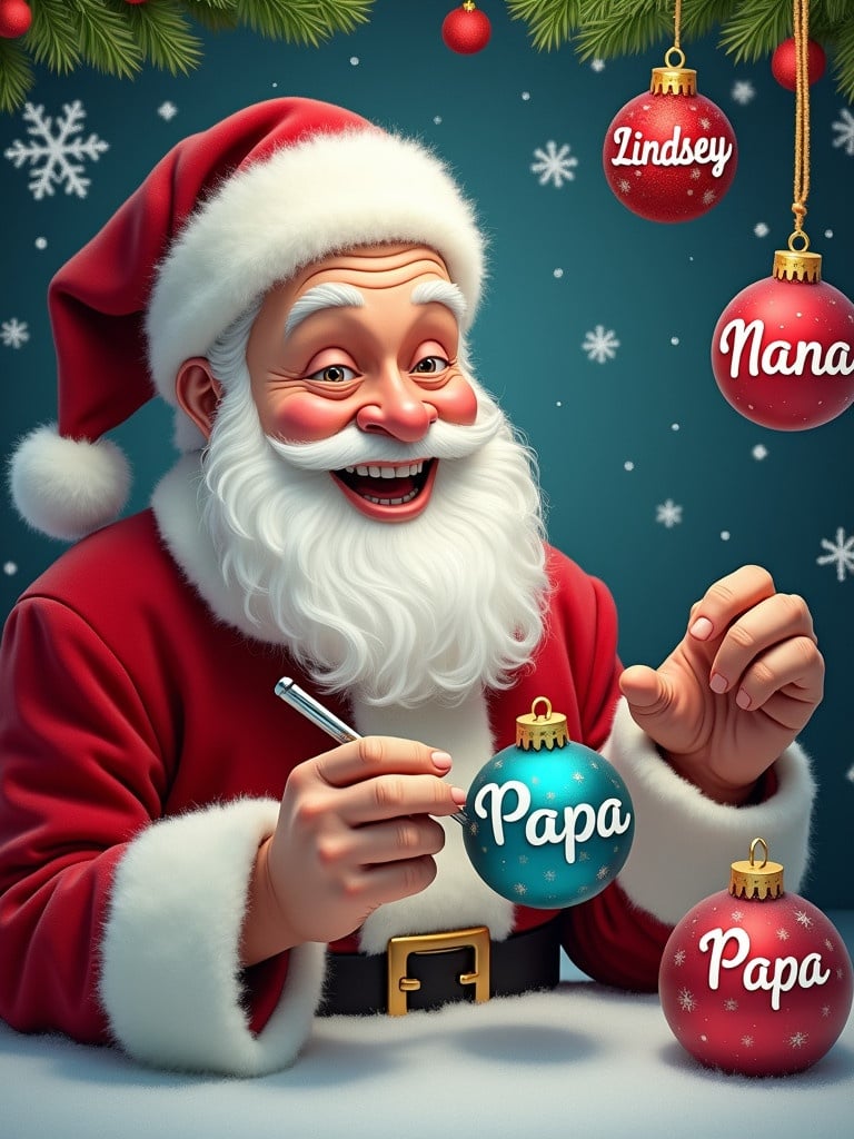 An image shows Santa Claus writing names on colorful Christmas baubles. He has a joyful expression. The background has snow and festive greenery. Baubles contain names like 'Lindsey', 'Nana', and 'Papa'. Santa wears a traditional red suit. The colors are vibrant and lively.