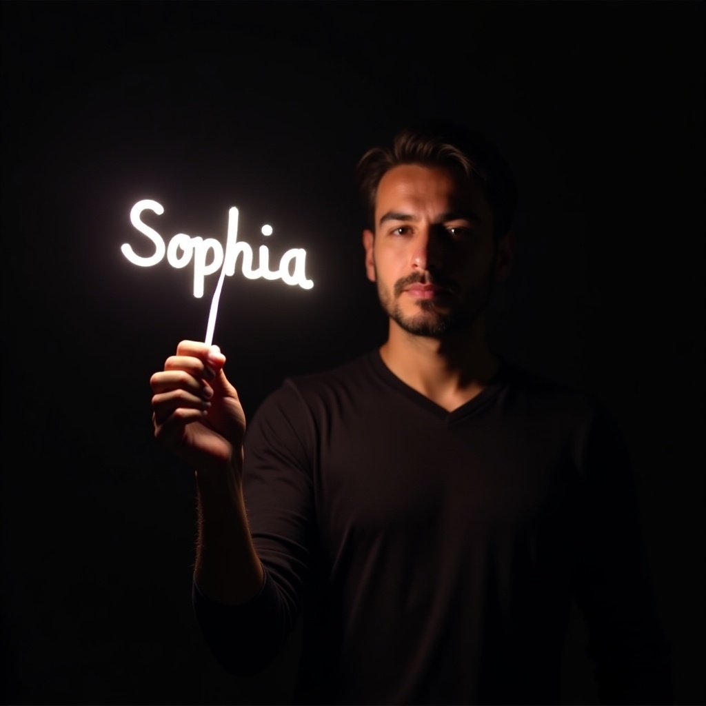 He is holding a glow stick that forms the name 'Sophia' in bright light.