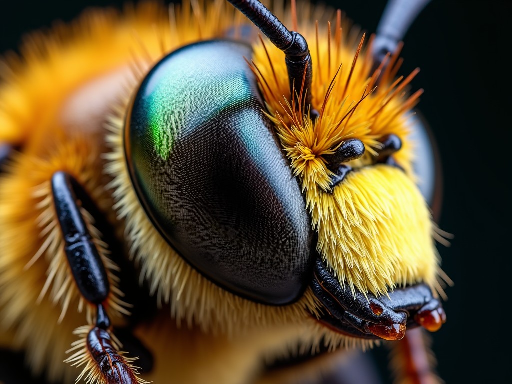 Close-up of a bee's face showing details of its compound eyes and facial hair.