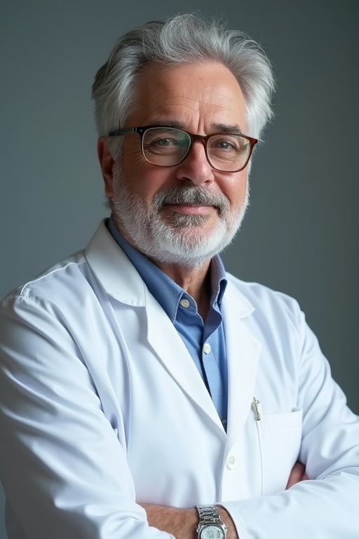 Professor dressed in white lab coat. Grey hair visible. Glasses worn on face. Arms crossed confidently. Serious demeanor.