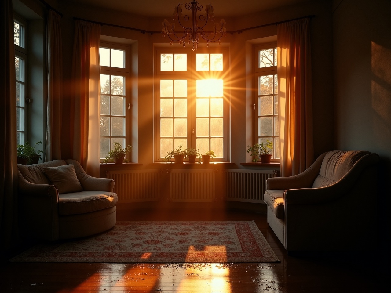 A tranquil room bathed in early morning sunlight. The sun is filtering through large windows that show signs of rain from the previous night. The light creates a warm ambiance that enhances the inviting space. There are two comfortable chairs placed around a soft rug. Indoor plants adorn the windowsills, adding a touch of nature. The overall atmosphere is peaceful and perfect for relaxation or contemplation.