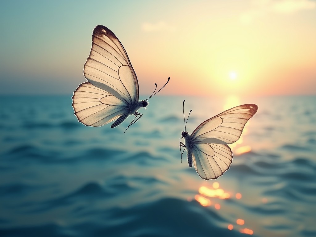 The image portrays two delicate butterflies gracefully flying over a calm ocean with a sunrise in the background. The soft light of the rising sun casts a warm glow on the water and illuminates the semi-transparent wings of the butterflies, creating a serene and ethereal atmosphere.