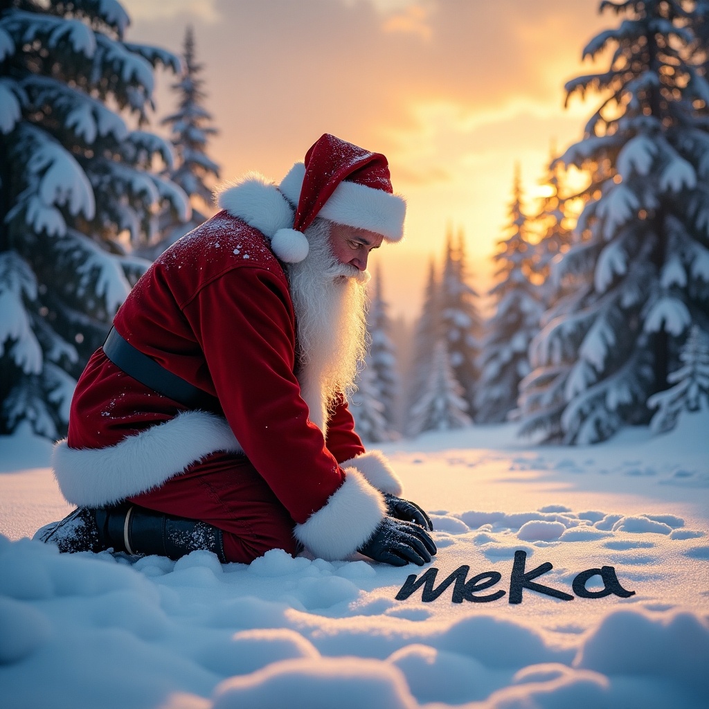 Realistic portrayal of Santa Claus kneeling in snow writing the name Meeka. Surrounded by snow-covered trees. Warm sunset colors fill the sky.