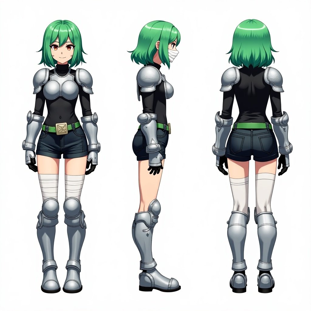 Anime mercenary character design in three views. Focus on green hair. Features silver armor. Character wears black shirt and short jeans. Detailed presentation of front side and back perspective.