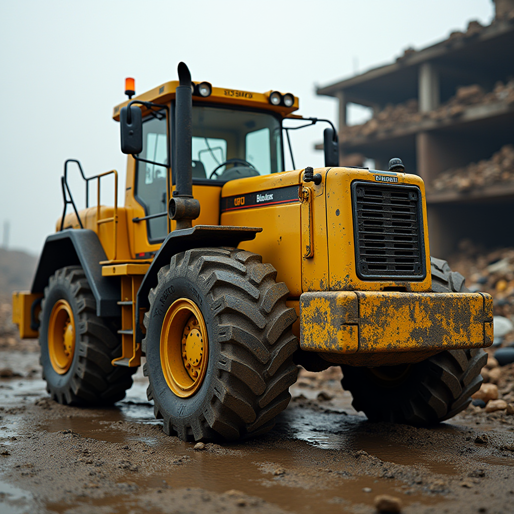 The image depicts a large yellow bulldozer parked in a muddy construction site. The machine features substantial, rugged tires designed to navigate rough terrain. Its body is coated in a layer of dirt and mud, indicating active use in the construction environment. The background shows an unfinished building structure made of concrete, with debris scattered around, hinting at ongoing construction activities. The atmosphere appears overcast, adding a somber mood to the scene.