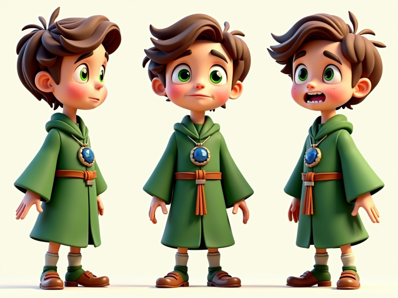 Create a 3D cartoon character of a 10-year-old boy. He has wavy brown hair and bright green eyes. He wears green mage robes and a sapphire pendant. The character should display a range of emotions including joy, sadness, anger, excitement, and curiosity. Each pose captures a lively movement, reflecting a cheerful personality. Use a bright color palette to reinforce the cheerful theme, making it suitable for children's media contexts like books and animations.