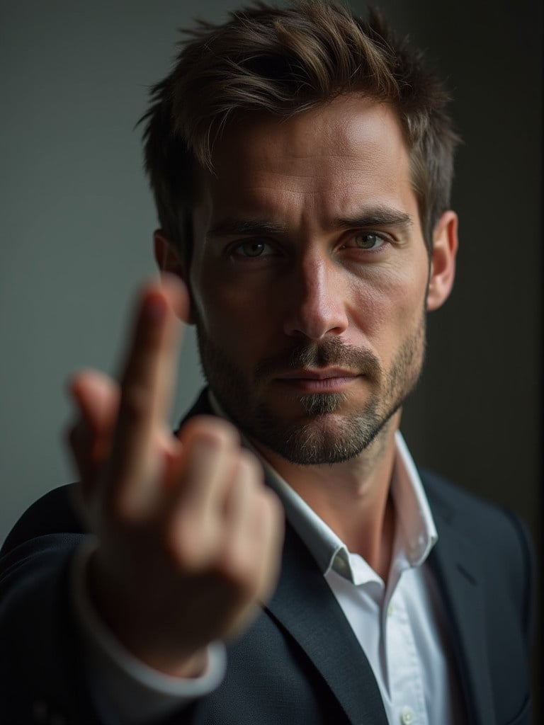 A man wearing a suit showing the middle finger. The image focuses on his hand. Background is blurred to emphasize his gesture.