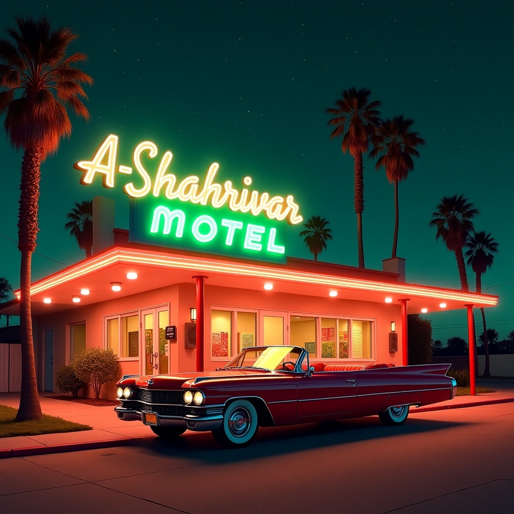 A classic motel named A-Shahrivar is illuminated by bright green neon signs at night. A vintage red Cadillac Eldorado car is parked in front. Palm trees are visible against a starry sky. The scene features vibrant colors, including red, orange, and soft blues, creating a nostalgic and adventurous atmosphere.