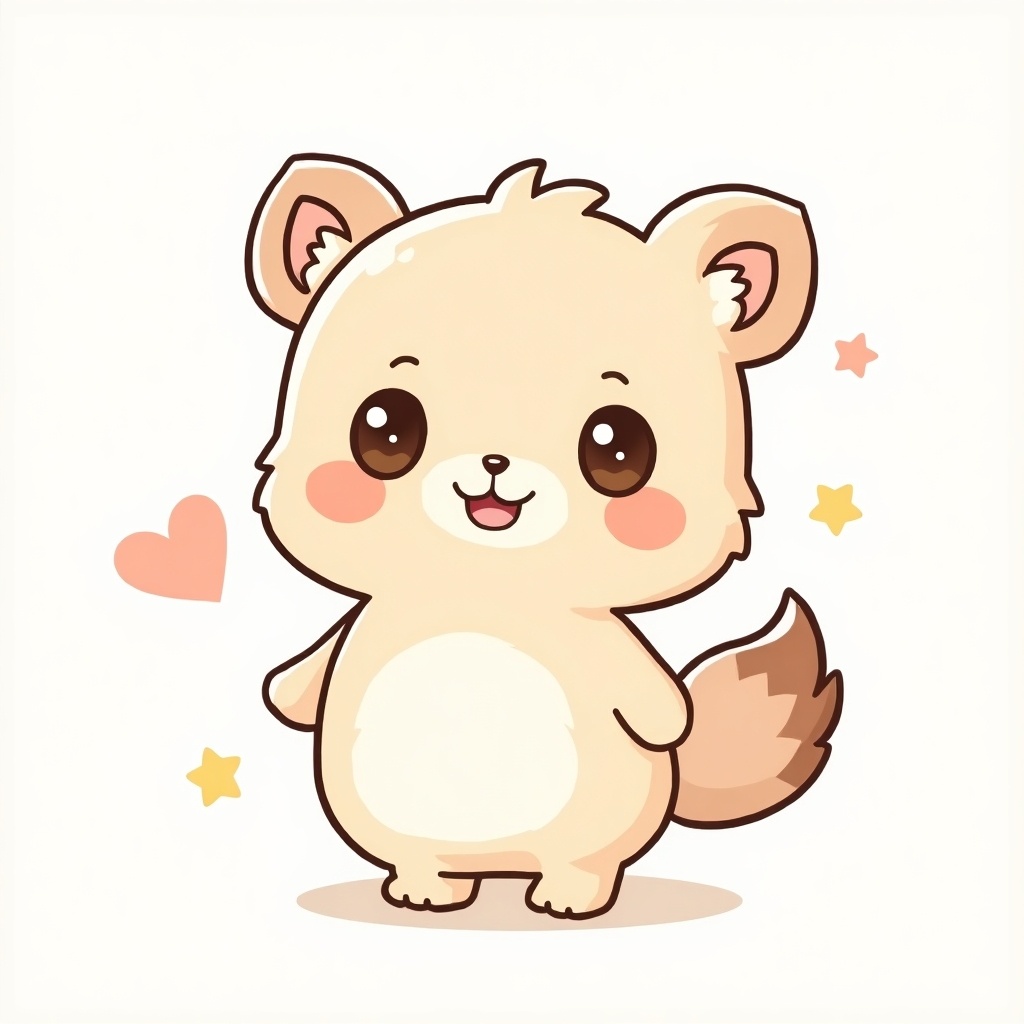 Cute kawaii character depicted as a simple animal. Character has big eyes, round cheeks, and a small smile. Soft fur looks fluffy. Tail has a darker tip. Background features colorful stars and hearts. Appears friendly and inviting.