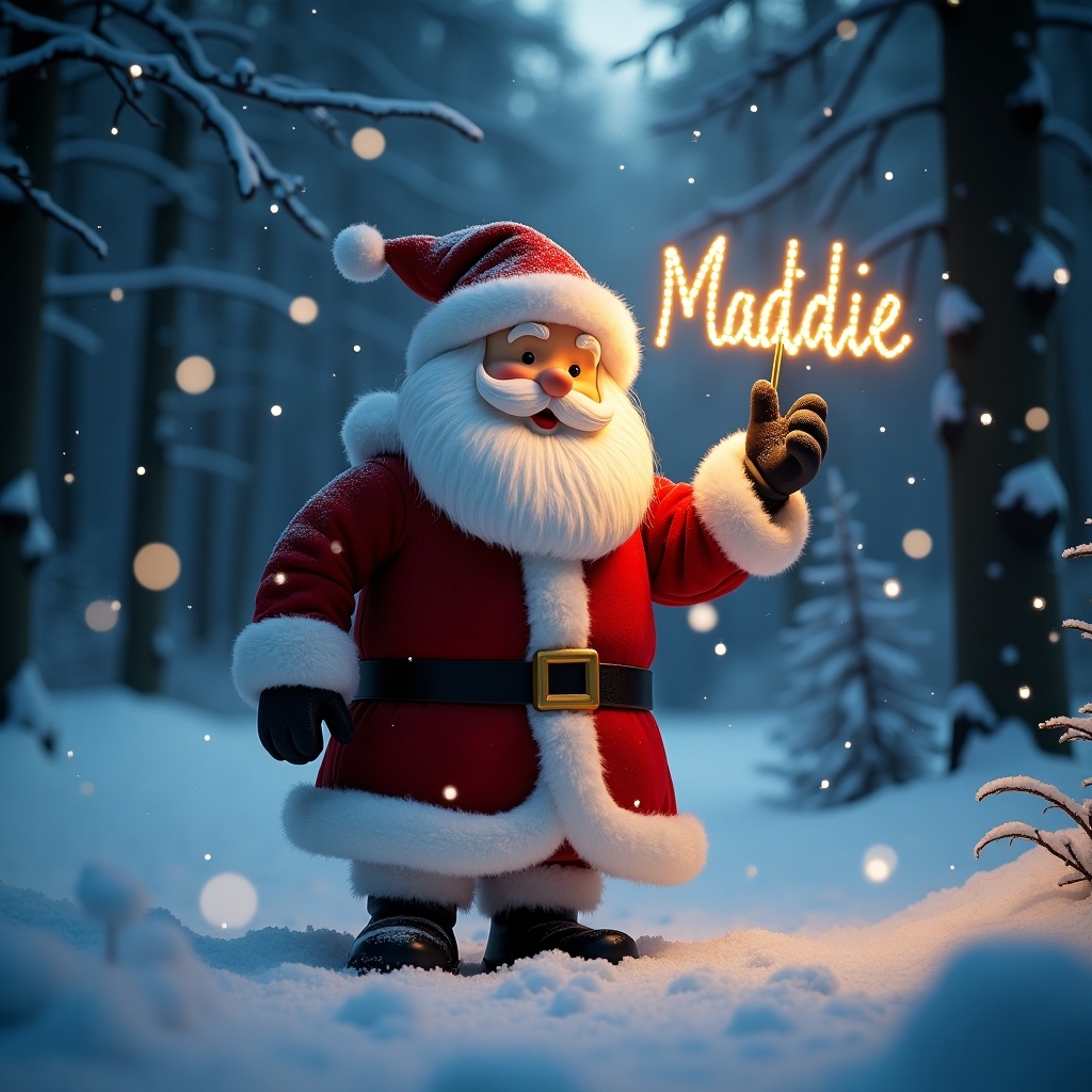 Santa Claus figure stands in a forest covered in snow. The snowy backdrop creates a magical atmosphere. The name Maddie is illuminated in glowing lights.