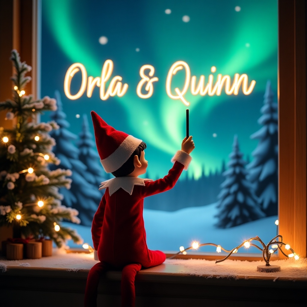 This enchanting Christmas scene features an elf on the shelf facing a magical sky. The elf, dressed in red and white, is using a wand to write 'Orla & Quinn' in glowing script. The backdrop showcases vibrant northern lights, enhancing the festive ambiance. The scene is decorated with Christmas elements like a nearby tree and warm lights. The overall atmosphere conveys joy and whimsy, capturing the essence of the holiday season.