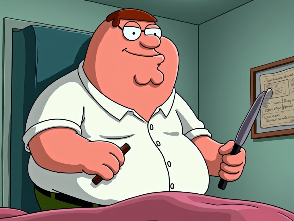 This image depicts a cartoon character named Peter Griffin, who is well-known from the animated TV series Family Guy. He is holding a knife in one hand and a marker in the other, suggesting a humorous take on performing an autopsy. Peter is dressed in his usual attire, which includes a white shirt and green pants. The background is simple, showing a room where he seems to be ready for an unusual task. The overall scene blends comedy with absurdity, characteristic of the show's humor.