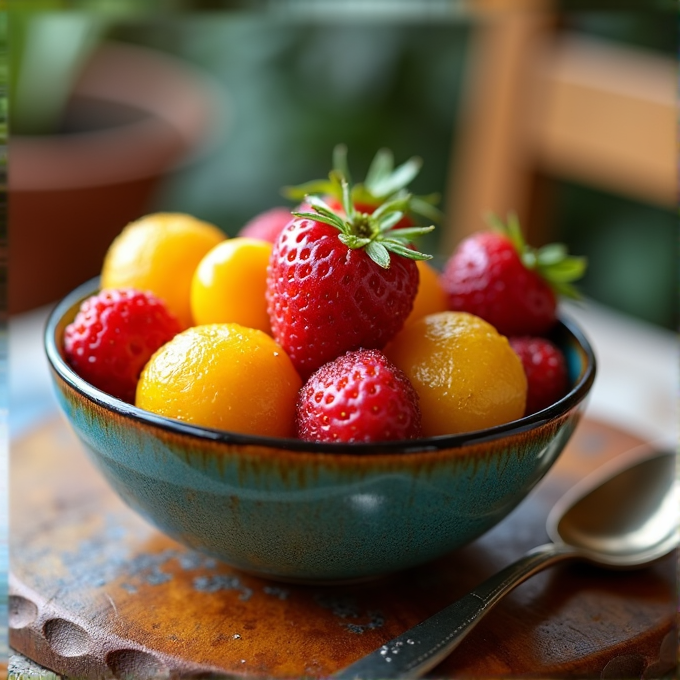 A turquoise ceramic bowl filled with fresh strawberries and ripe yellow fruits, placed on a wooden surface beside a silver spoon.