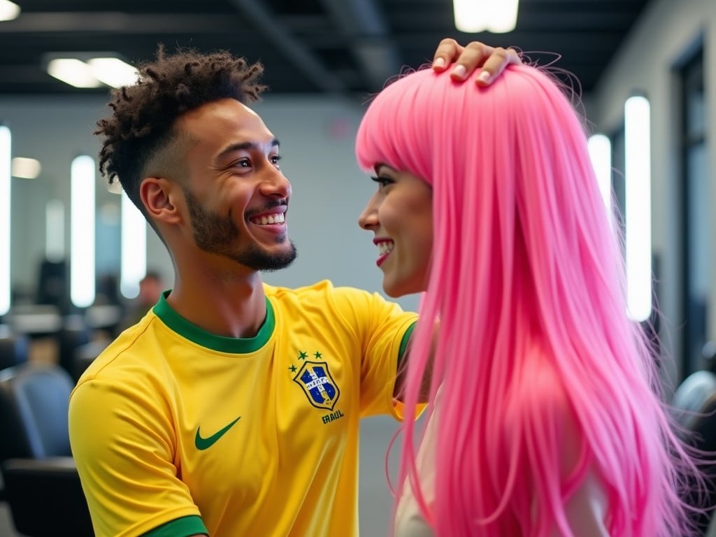 Neymar Jr. smiles in a modern hair salon while holding a vibrant pink wig. He wears a bright yellow Brazil national team jersey, and his hair is neatly styled. The salon features shiny chrome equipment and trendy hairdryers. The atmosphere is lively and playful as Neymar offers the wig, highlighting a joyful moment. His piercing eyes and warm smile draw attention to this fun interaction.