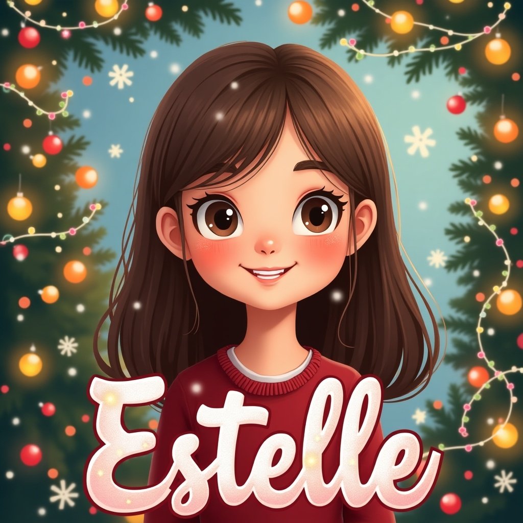 Cartoon character with straight brown hair. She is a girl with a cheerful expression. Surrounded by a Christmas background with lights and snowflakes. The name Estelle is written at the bottom.