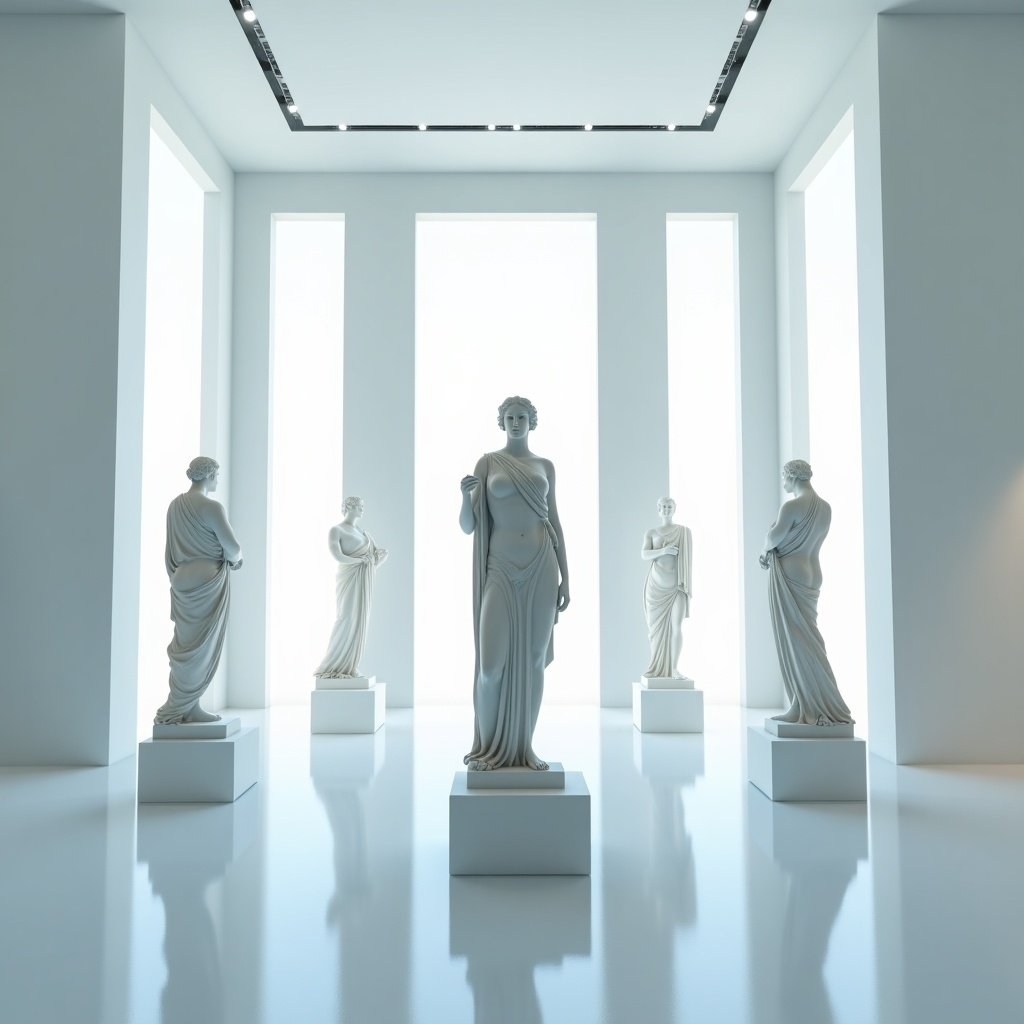 Modern art gallery with classical Greek-style sculptures in a symmetrical layout. Central statue of a woman in flowing garments surrounded by other sculptures. Large light openings create a serene atmosphere with soft glow. Dominant colors are whites and soft blues.