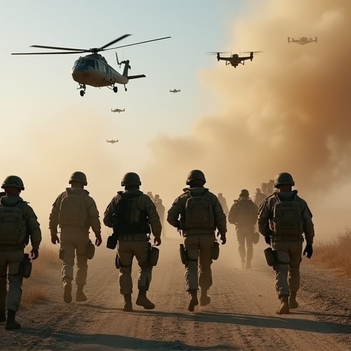 Image shows helicopters and drones surrounding ground forces during a military operation. Soldiers advance in formation on a dusty road. Smoke billows in the background from the tactical engagement. Technology highlights the coordination of air and ground units.