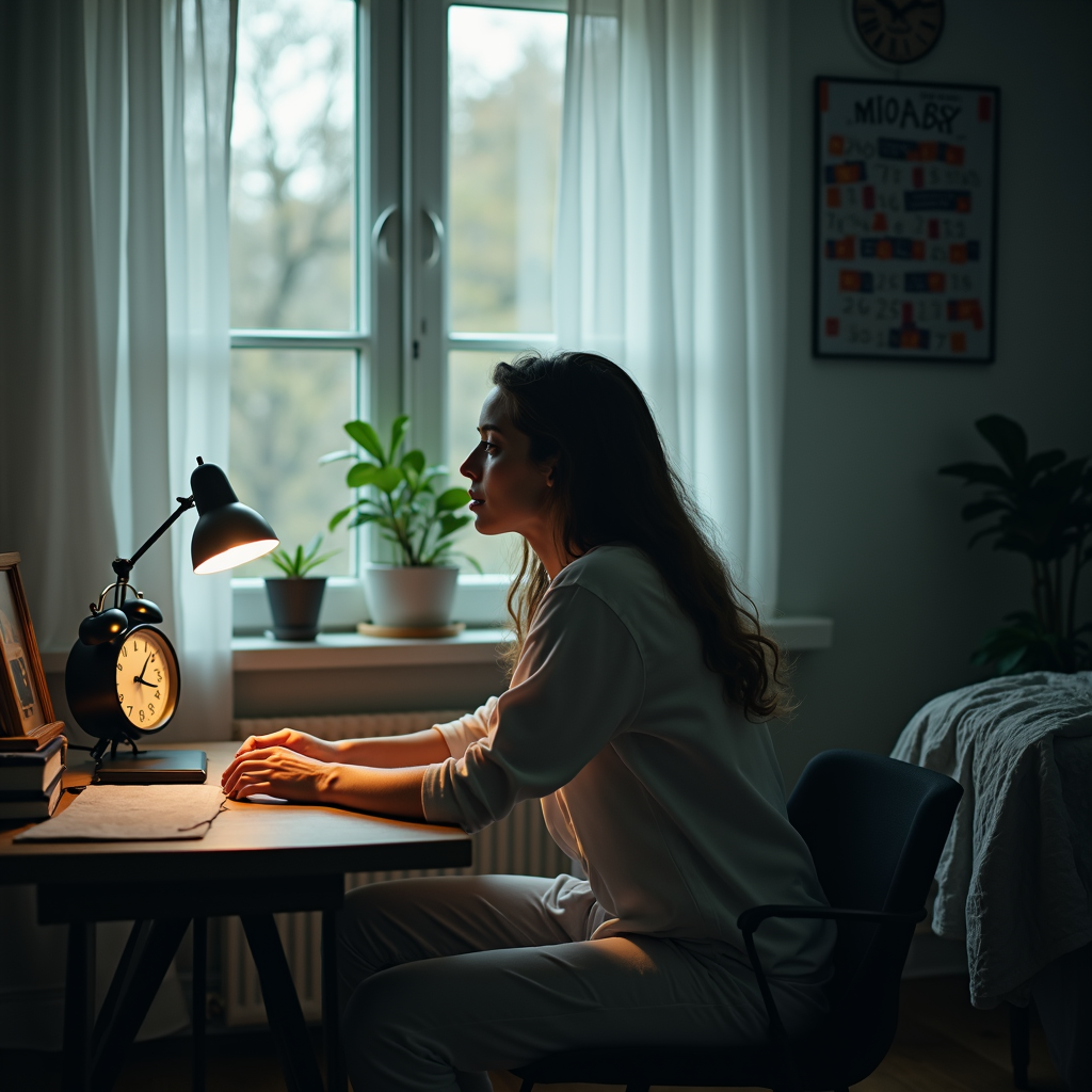 A woman sits at a desk in a dim room, illuminated by a lamp, with a clock and plants nearby.