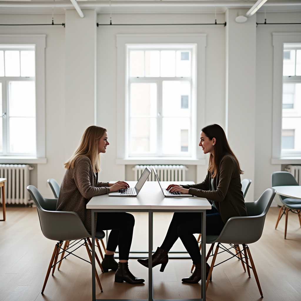 Two women engaged in discussion while working on laptops in a bright, modern office setting.