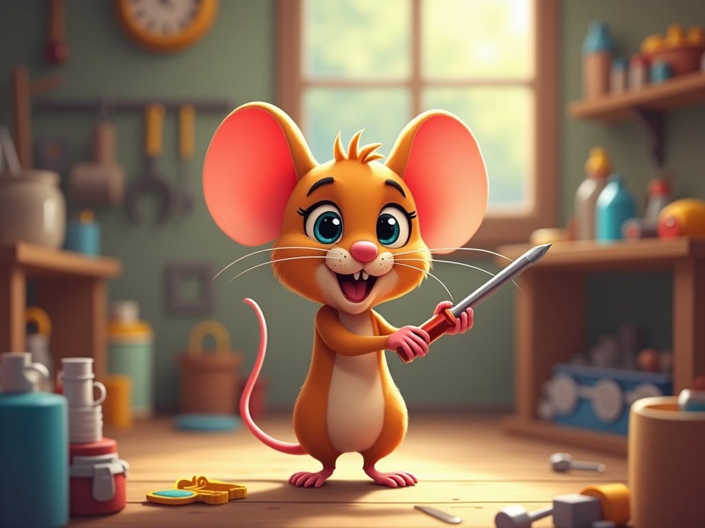 This image features a cartoon mouse with large pink ears and a bright smile holding a pencil in a colorful workshop. The mouse looks playful and inviting, appealing to young audiences. The workshop background provides a sense of creativity and fun, with various art supplies scattered around. The warm colors and cheerful expression evoke a sense of joy. This character could be used in stories or educational content aimed at kids. The overall vibe is friendly and imaginative.