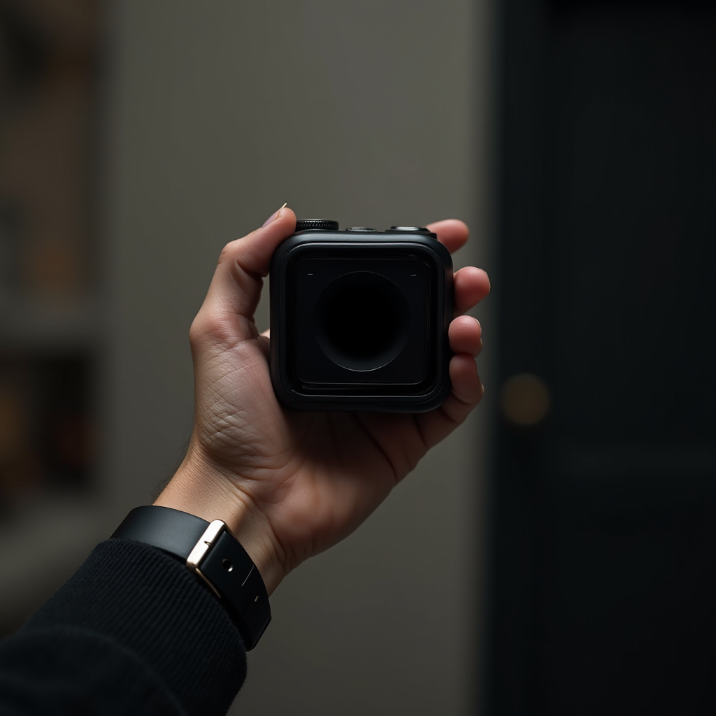 A hand holds a compact, black square-shaped speaker against a dark background.