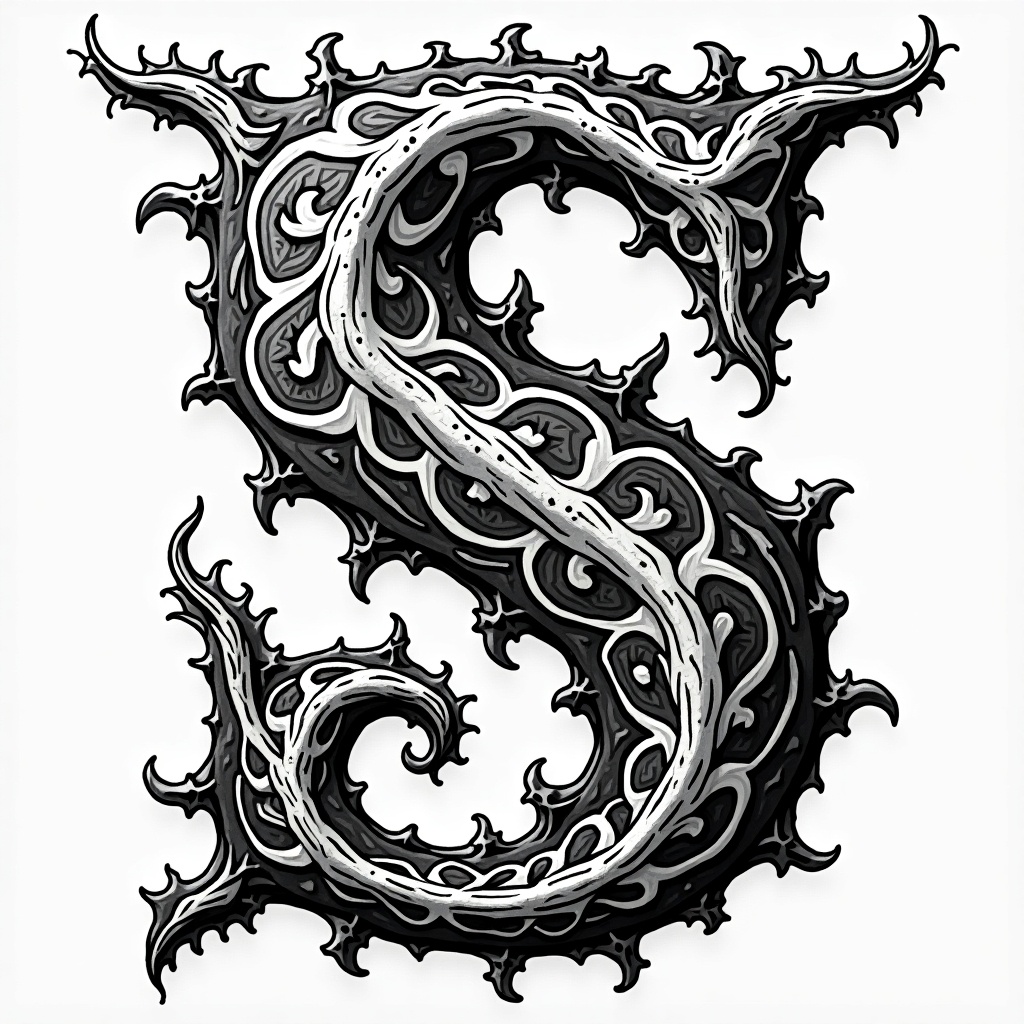 Illustration of the letter S. Black and white design. Magical and ornate letterform with intricate details.