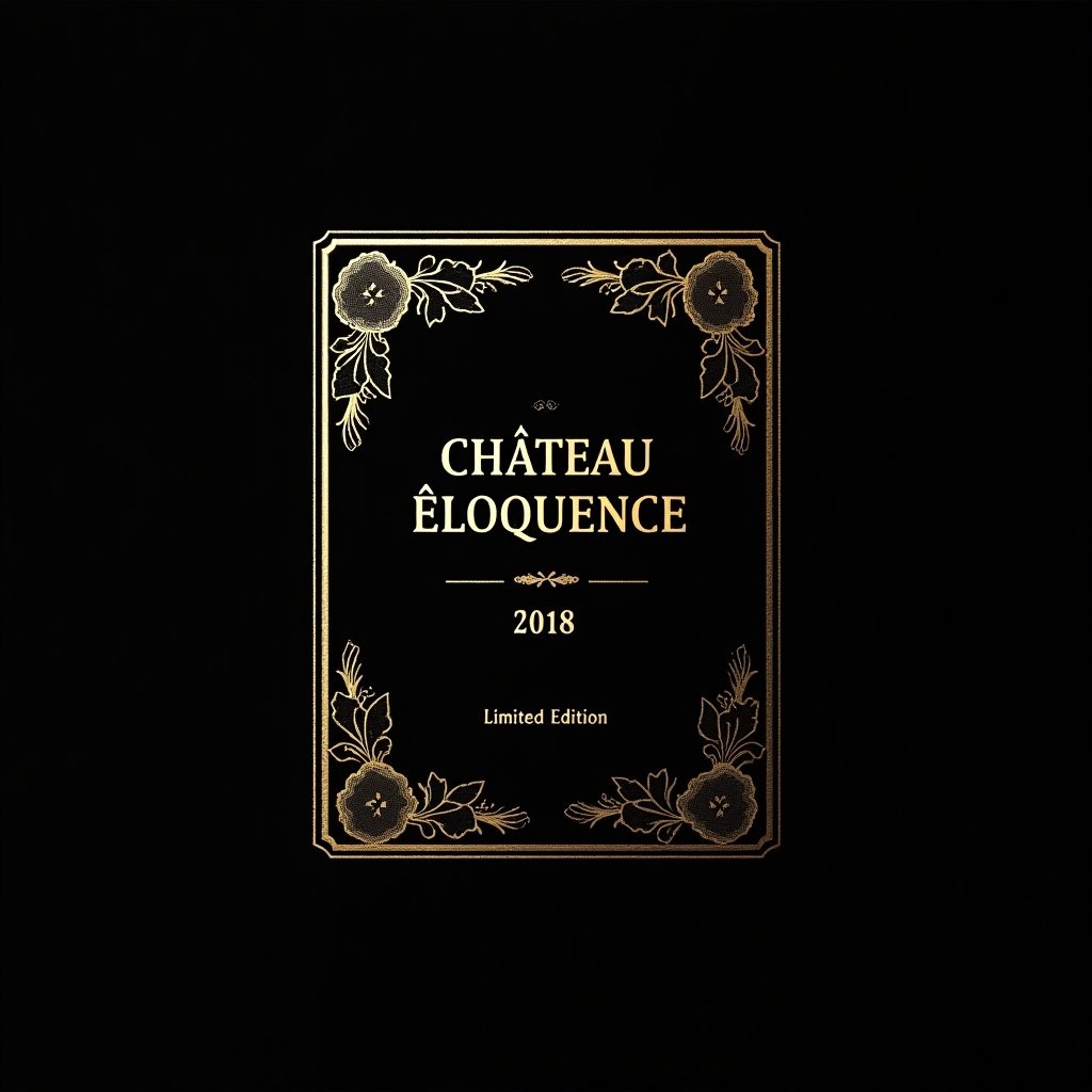 Label design for a luxury wine bottle. Incorporate elegant elements and gold foil accents. Black background creates a high-end look. Stylized grapevines enhance exclusivity. Prominent name 'Château Éloquence' at center. Include year '2018' and phrase 'Limited Edition'. Theme reflects opulence and refinement for premium wine packaging.