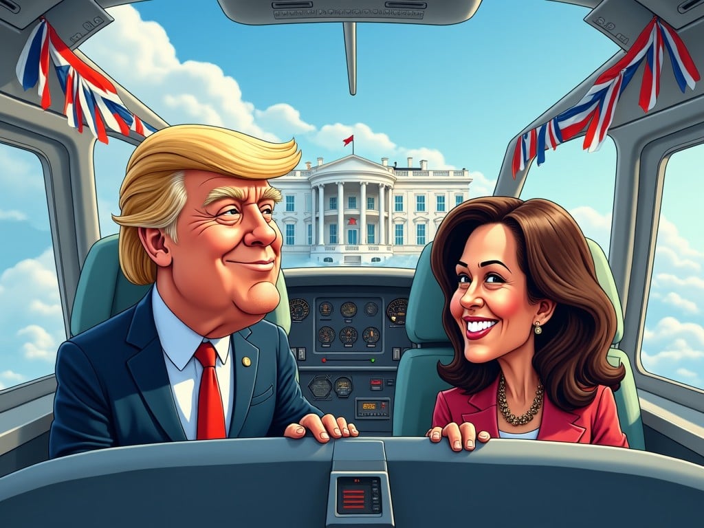 Create a colorful cartoon illustration featuring Donald Trump and Kamala Harris in the cockpit of a jumbo jet. They are smiling and looking at each other while flying toward the White House, which is visible through the cockpit windows. The cockpit is detailed with instruments and controls, and the sky outside is bright and clear, symbolizing a positive atmosphere. Add some decorative elements like clouds and maybe flags to enhance the patriotic feel. This illustration should convey a humorous take on their political roles.