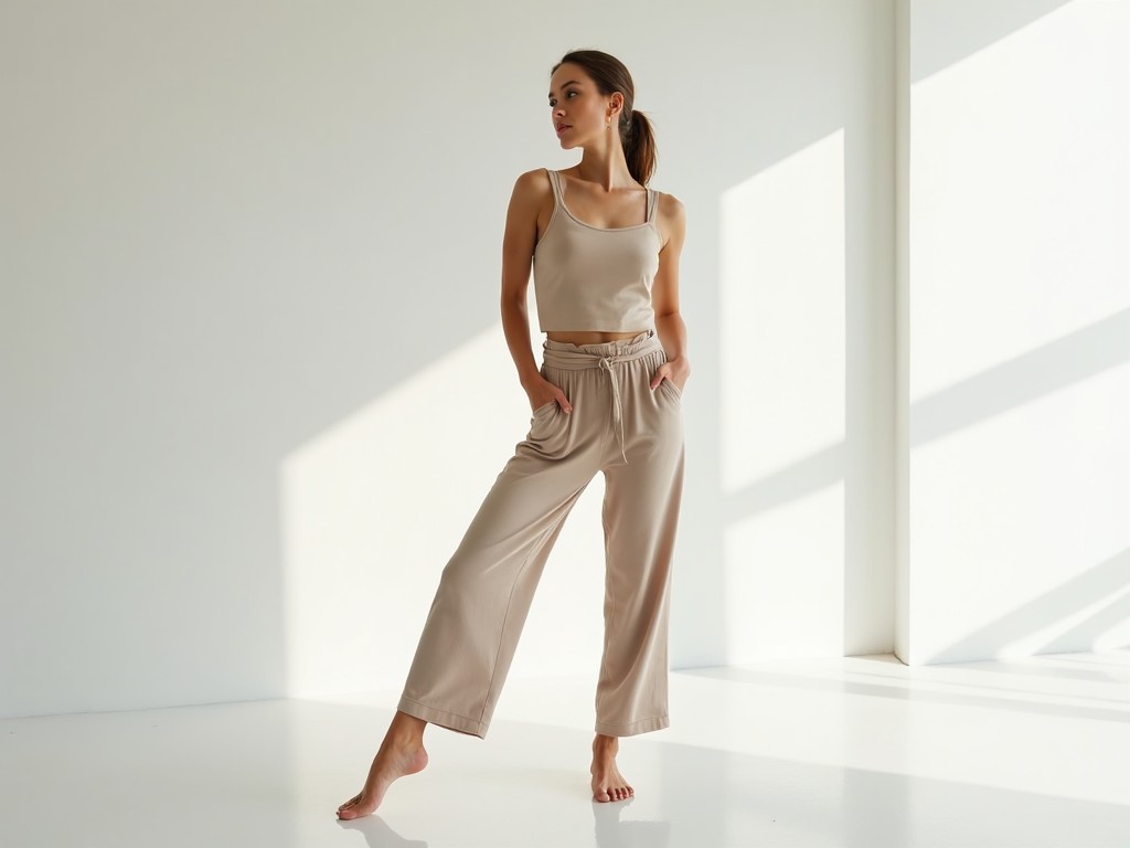 A woman in neutral outfit posing gracefully in a sunlit room with a soft, minimalist aesthetic.