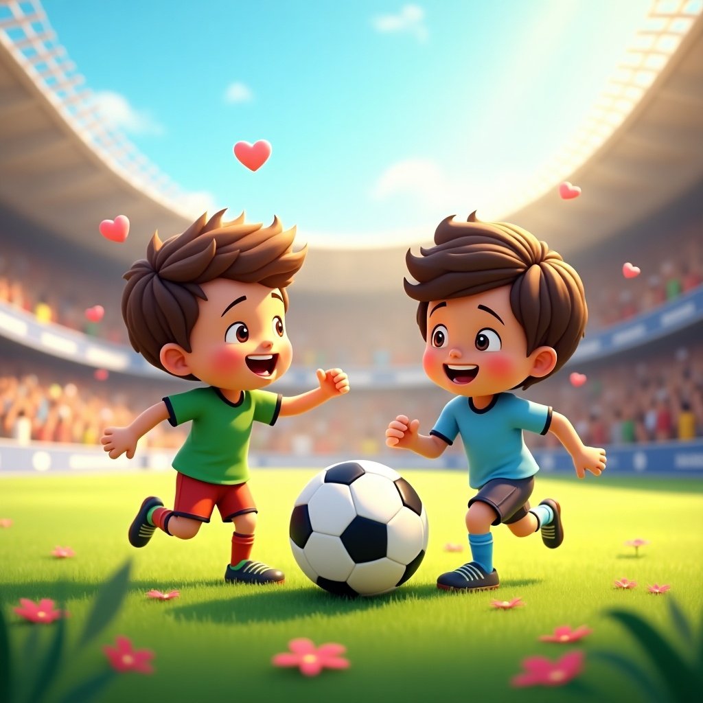 Animation of two children playing soccer on a green field. One child wears a red jersey and the other wears a light blue jersey. Kids chase a soccer ball happily. Background features a lively stadium filled with spectators. Sunlight brightens the cheerful scene and flowers and hearts decorate the field.