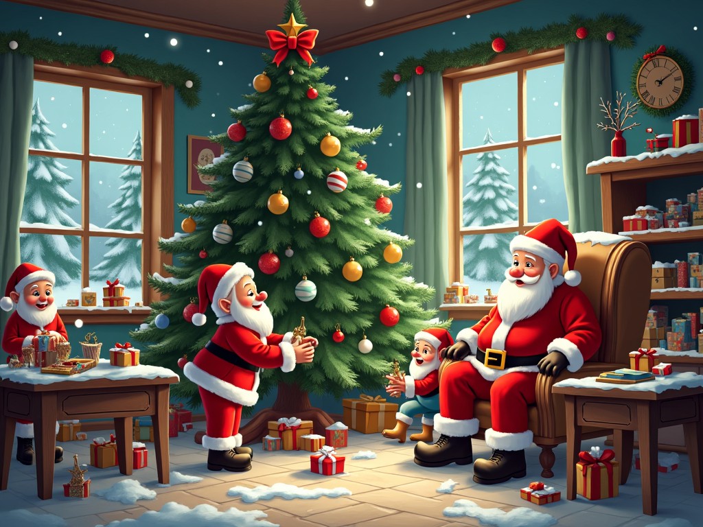 The image depicts a festive Christmas scene in a cozy living room. There’s a large decorated Christmas tree with colorful ornaments and twinkling lights. Santa Claus is sitting in a comfortable chair, interacting with children who are excited to see him. One child is giving a gift to Santa, while another child is joyfully standing nearby. The room is filled with presents and a warm atmosphere, enhanced by snow visible through the windows. It captures the essence of holiday warmth and joy, making it perfect for celebrating the season.