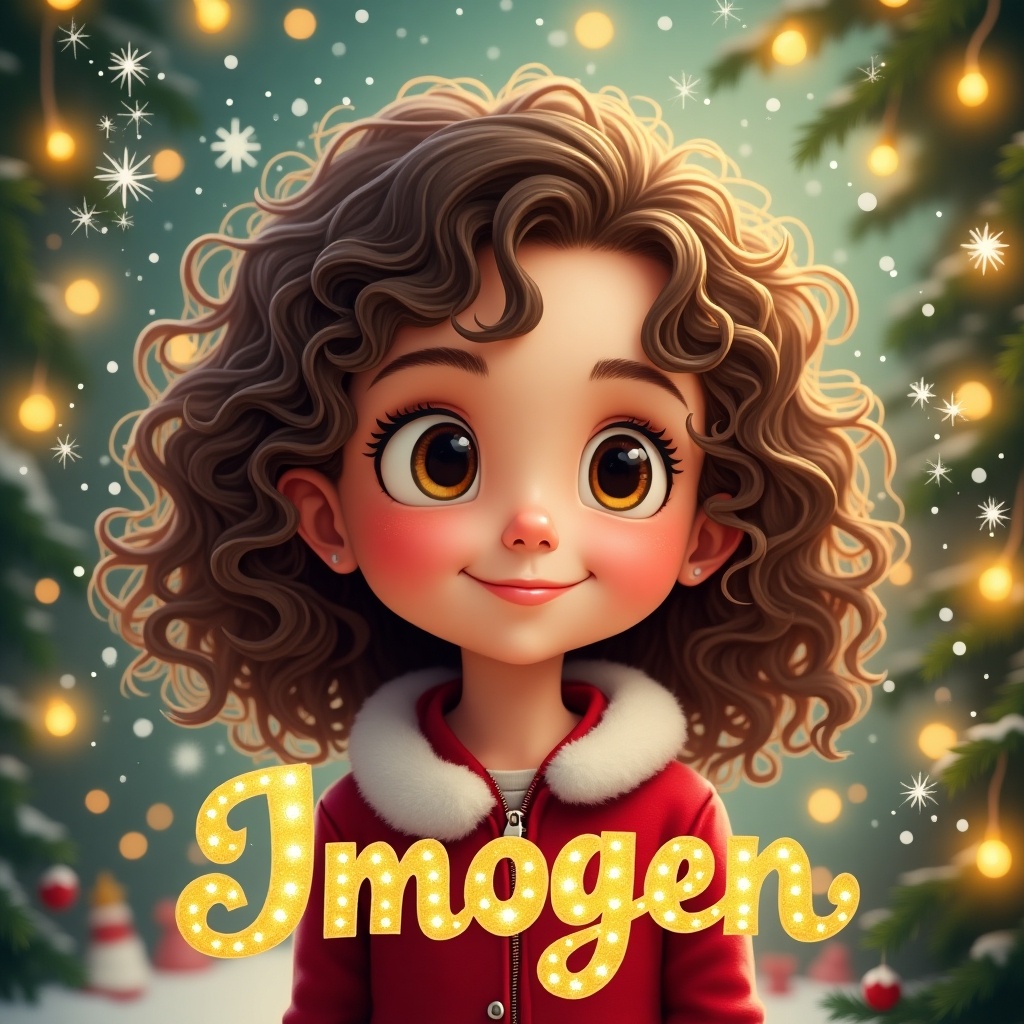 A cartoon girl with curly brown hair in a Christmas setting. She wears a red outfit with a fur collar. The background has Christmas lights and decorations. The name 'Imogen' is prominently displayed.