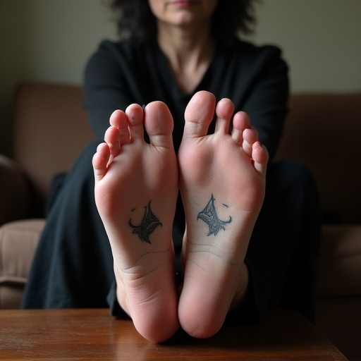 Image depicts a mature goth woman with tattoos on the soles of her feet. She is seated on a sofa with her feet placed on a coffee table. The focus is on her feet showcasing the tattoo designs. The setting is casual and cozy