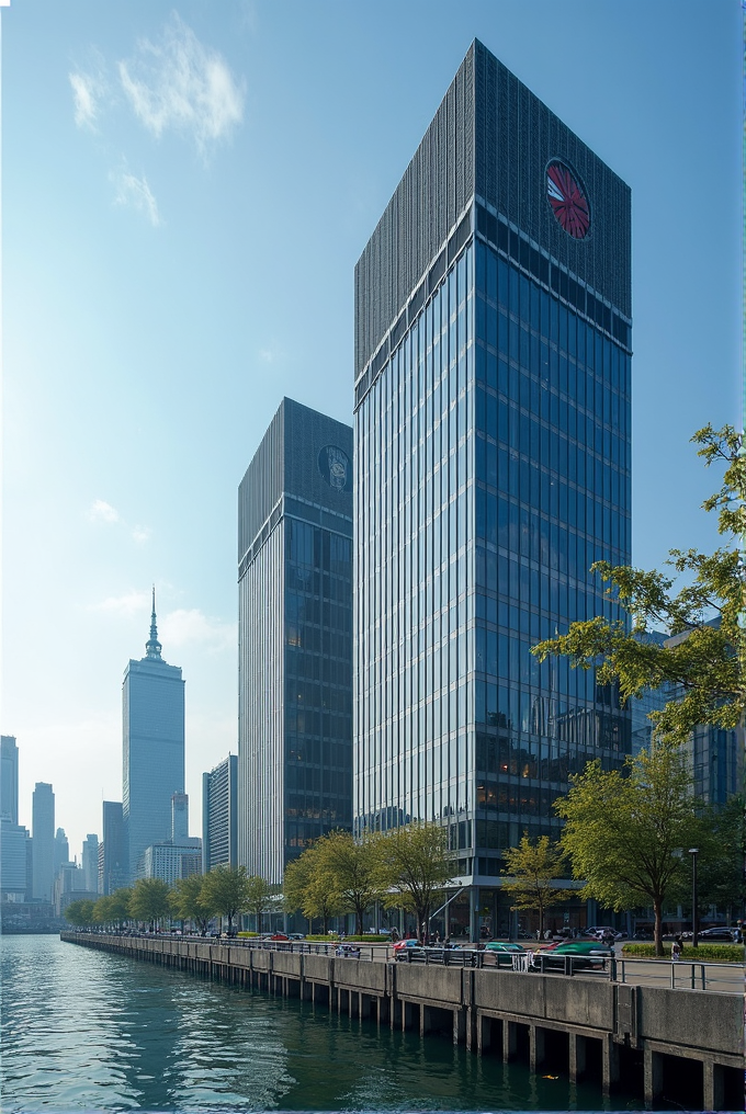 A cityscape featuring tall modern glass skyscrapers by a waterfront, with clear blue skies and lush green trees lining the promenade.