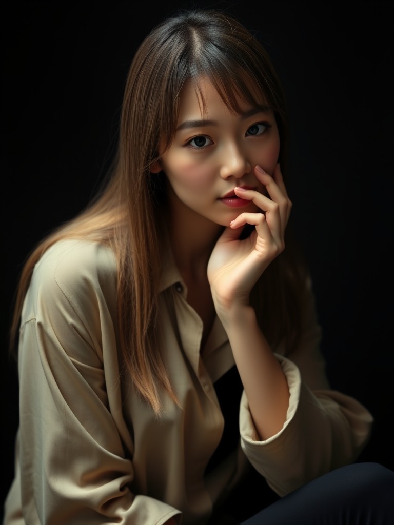 A woman with a thoughtful expression against a dark background.