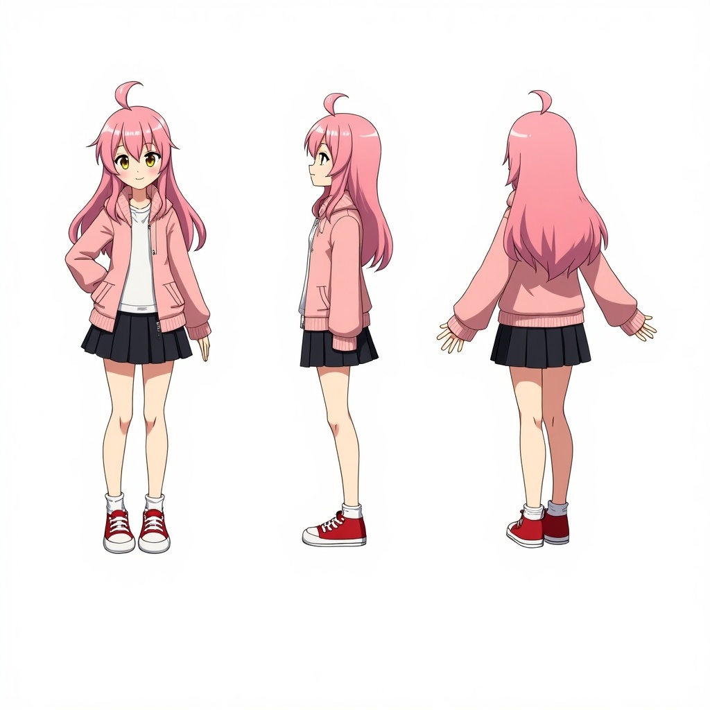 Anime-style character sheet with long pink hair and yellow eyes. Wearing a comfortable jacket and black skirt. Shown in front, side, and back views. Design highlights a friendly and approachable demeanor.