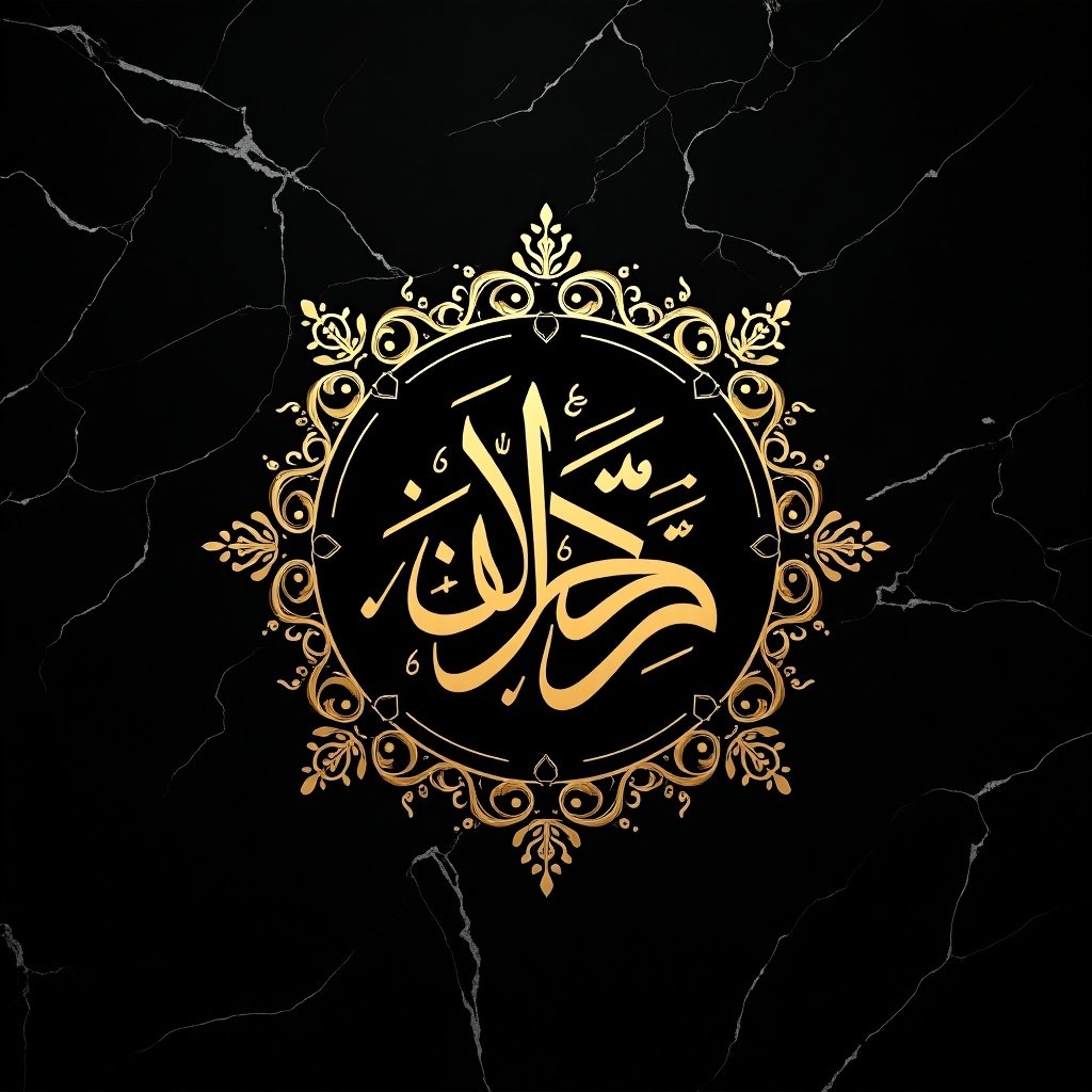 A luxurious and modern Arabic calligraphy design for 'Jannat's Studio' (المتيم) in intricate golden Arabic letters. The calligraphy is arranged in a circular artistic layout surrounded by elegant flourishes and symmetrical patterns. The background is a black marble texture with subtle veins, giving it a sophisticated and professional look. The overall style is bold, visually striking, and suitable for a high-end studio, featuring fine details and premium aesthetics.