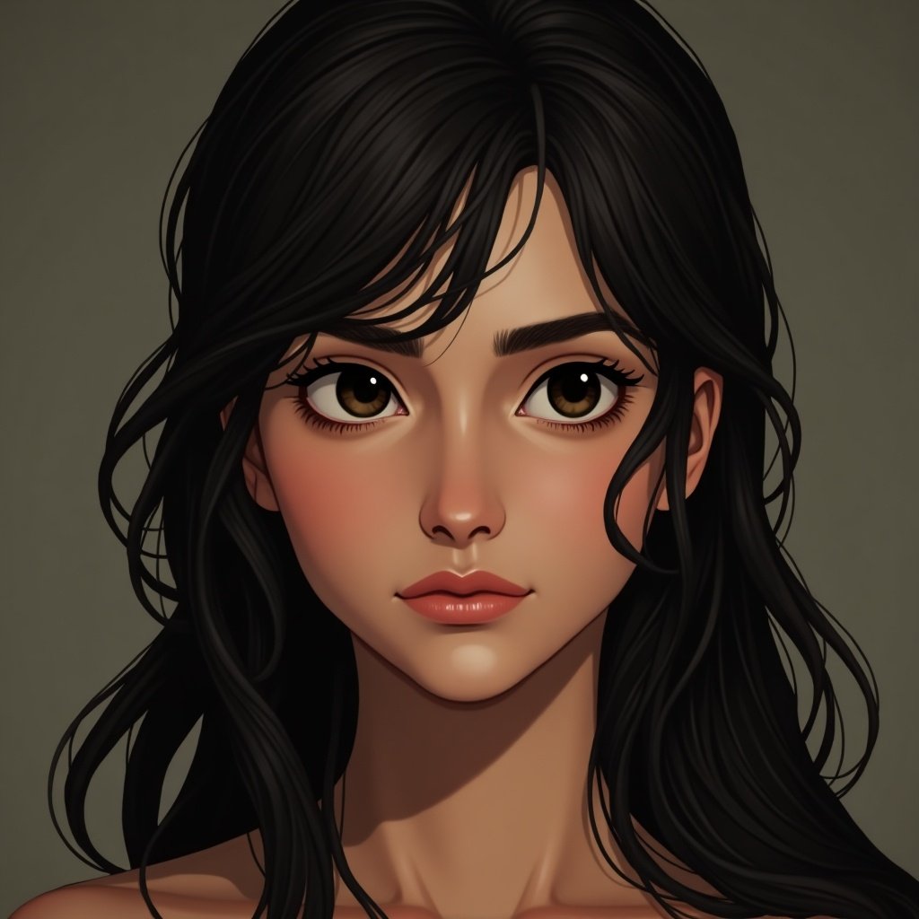 A female character with an oval-shaped face, almond-shaped eyes, natural eyebrows, a straight nose, and full lips. Long dark hair with wispy bangs frames her face. The style is inspired by Red Dead Redemption 2.