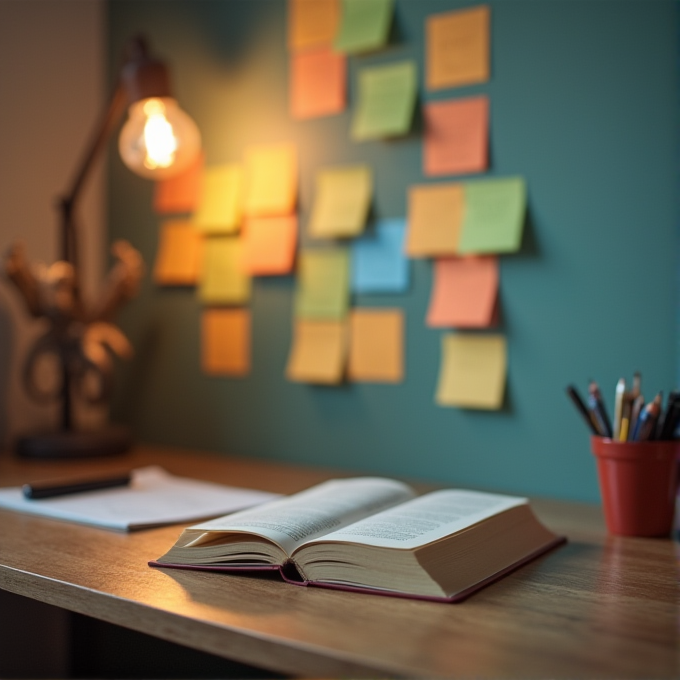 A cozy study space with an open book, post-it notes on the wall, and a warm desk lamp.