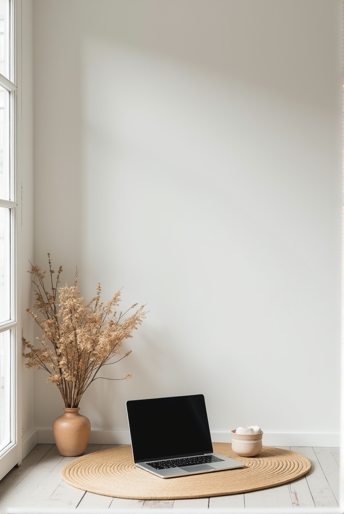 A laptop sits on a round woven rug next to a vase of dried flowers by a window.