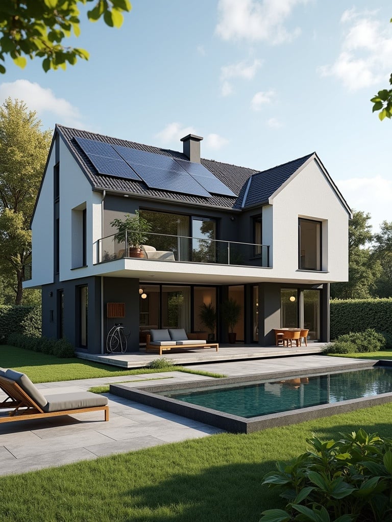 Luxury house featuring solar panels on the roof and an EV charger in the driveway. The backyard has a pool surrounded by a lawn and outdoor seating area. The scene is bright and inviting during the day.