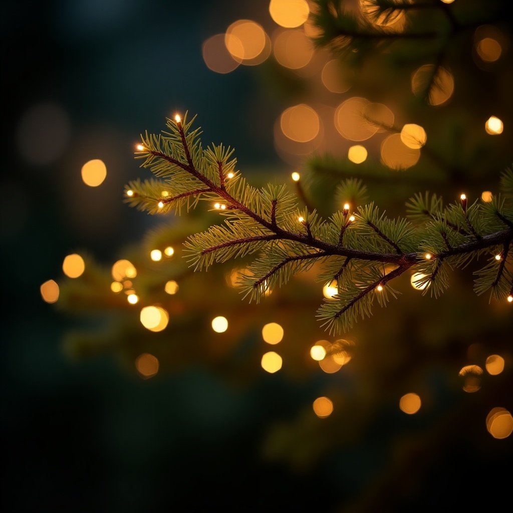 A close-up of a pine branch decorated with small lights against a dark background with soft bokeh effects. The overall scene is warm and festive, evoking a magical holiday atmosphere.