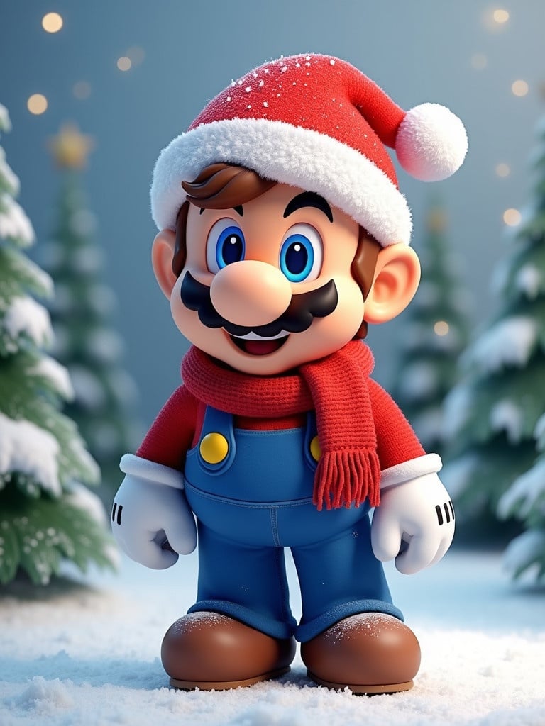 Mario is dressed for Christmas. Mario has a Santa hat and a scarf. He stands against a snowy background with Christmas trees. The character looks playful and festive.