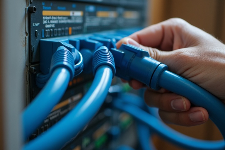 Image shows person installing network cables in a telecommunications cabinet. Hand reaches to connect colored cables in Ireland. Focus on equipment and infrastructure within a tech environment.